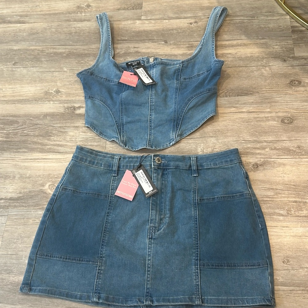 PLT Shape Vintage Light Wash Denim Corset & Micro Mini Skirt